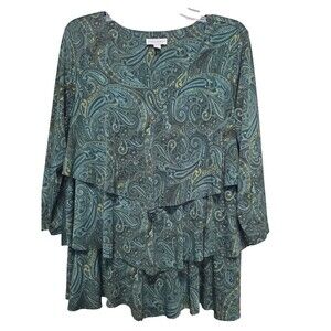 Susan Graver LiquidKnit Green Paisley Tiered V-Neck Tunic Size Large